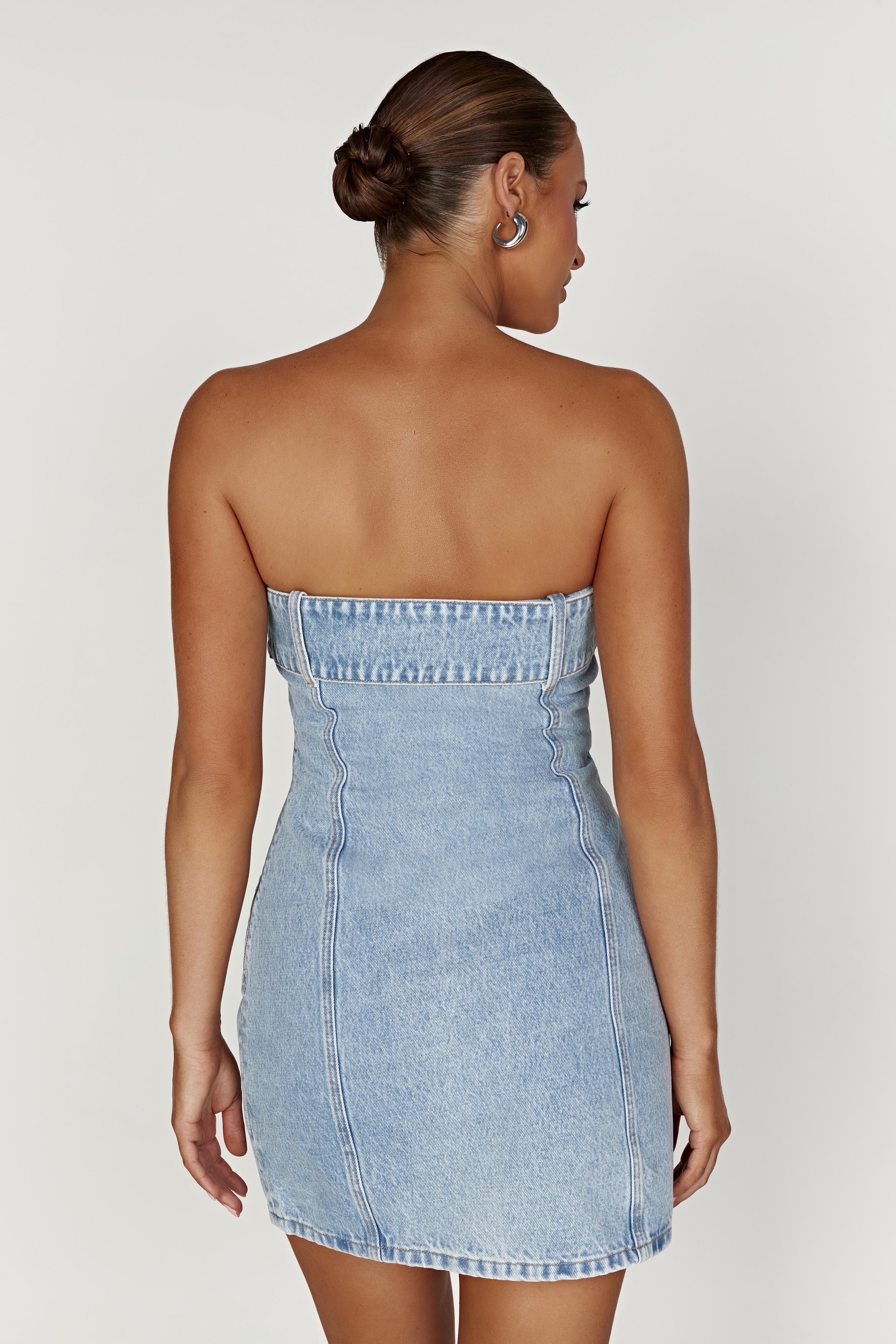 MESHKI Teddi Denim Mini Dress - Mid Blue