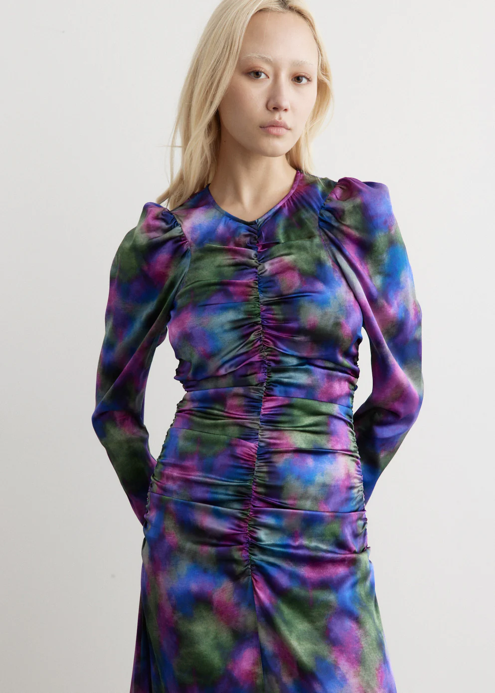 Silk Stretch Satin O-Neck Midi Dress