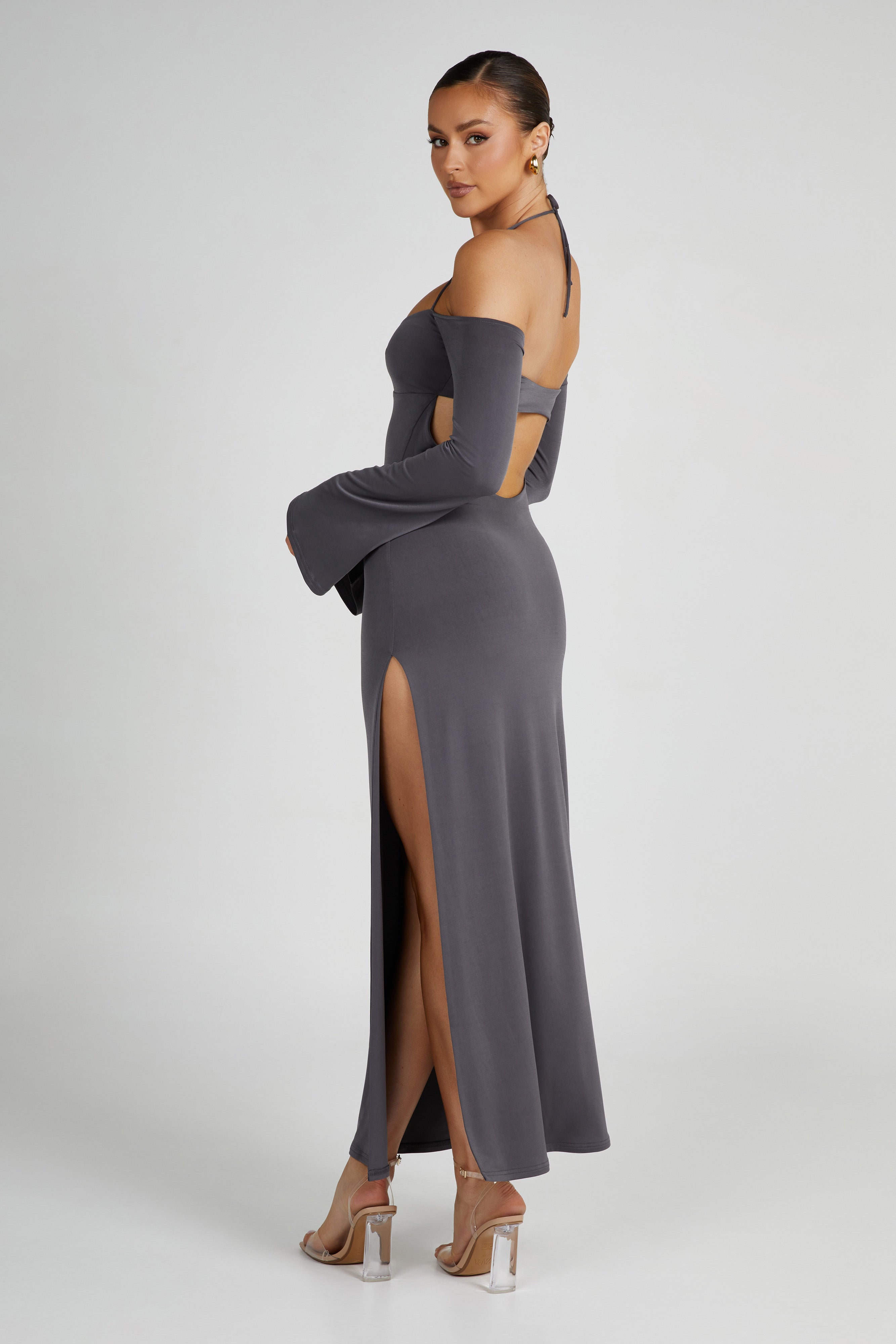MESHKI Tia Slinky Off Shoulder Maxi Dress - Charcoal